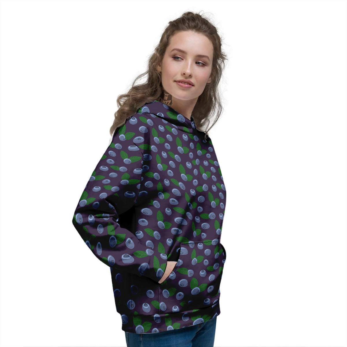 Blueberry And Leaf Print Pattern Women's Hoodie-grizzshop