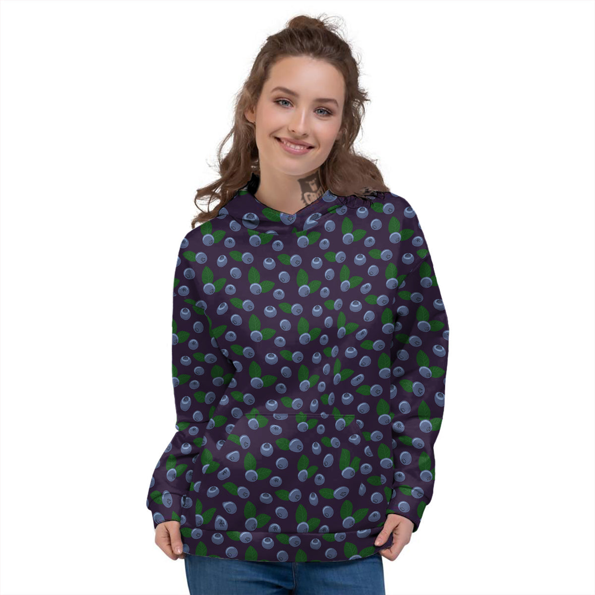 Blueberry And Leaf Print Pattern Women's Hoodie-grizzshop