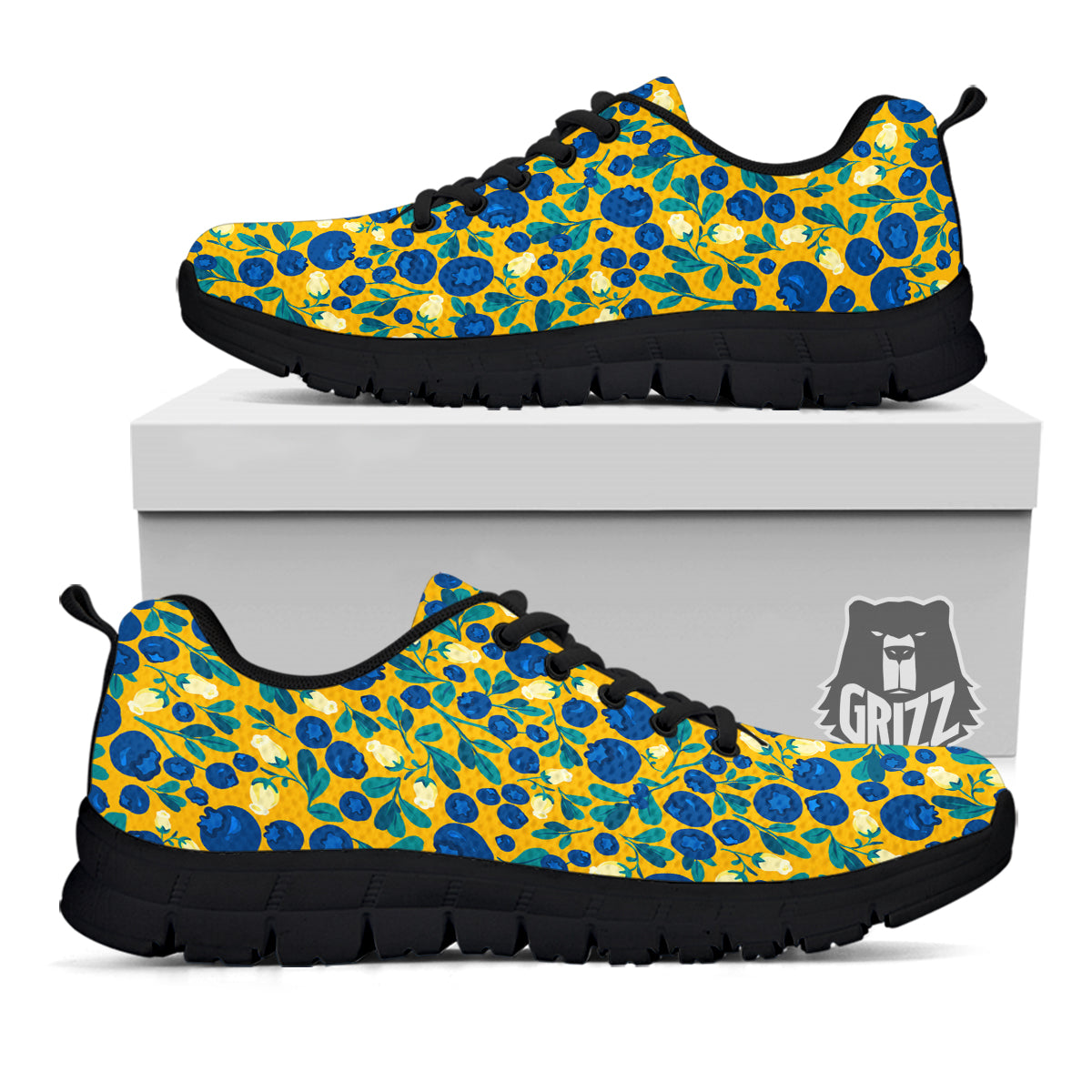 Blueberry Yellow Print Pattern Black Sneaker-grizzshop
