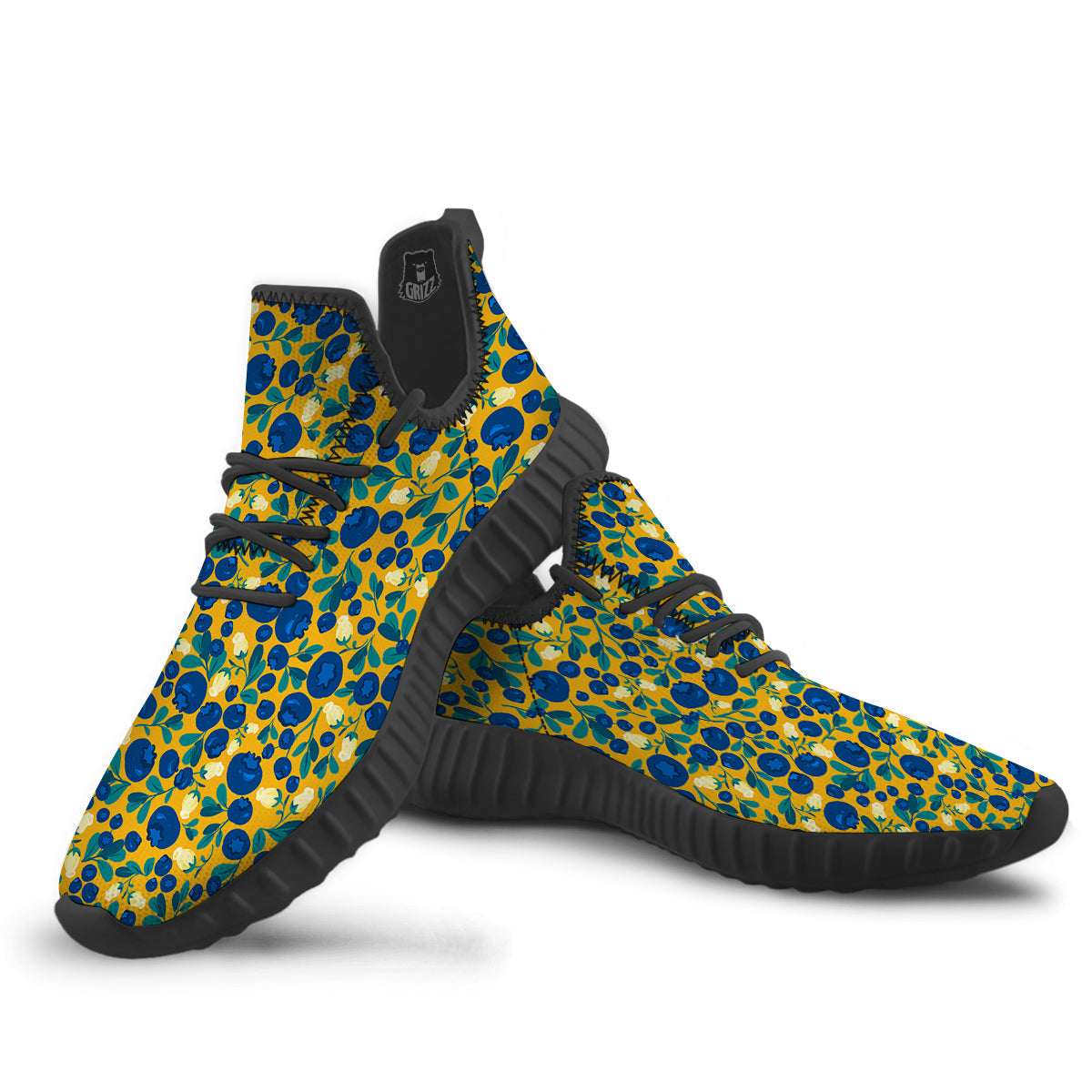 Blueberry Yellow Print Pattern Black Walking Shoes-grizzshop
