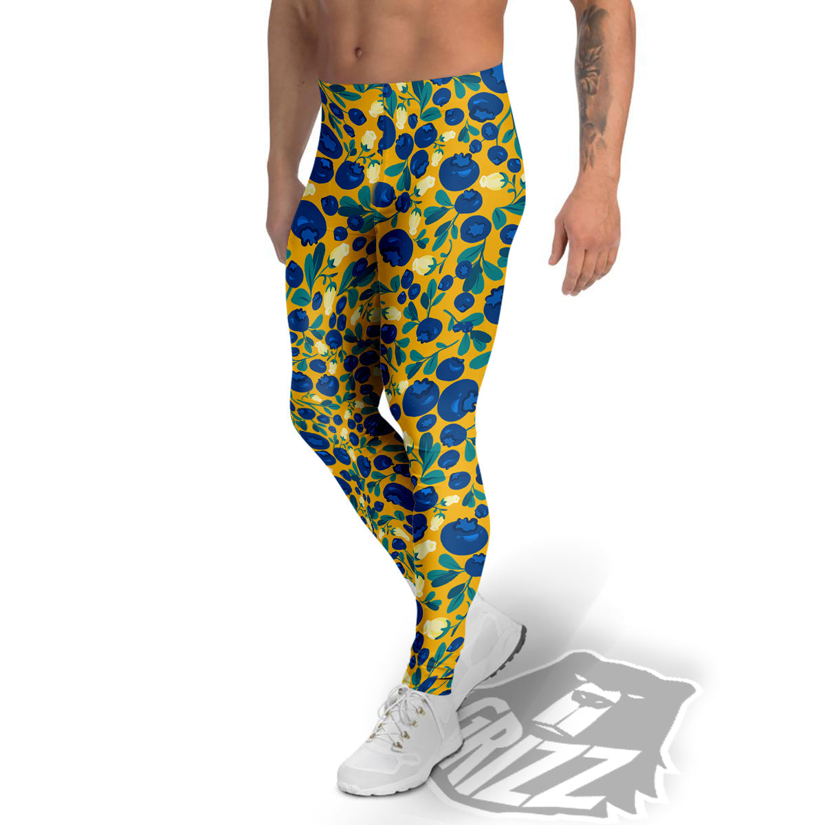 Blueberry Yellow Print Pattern Men's Leggings-grizzshop