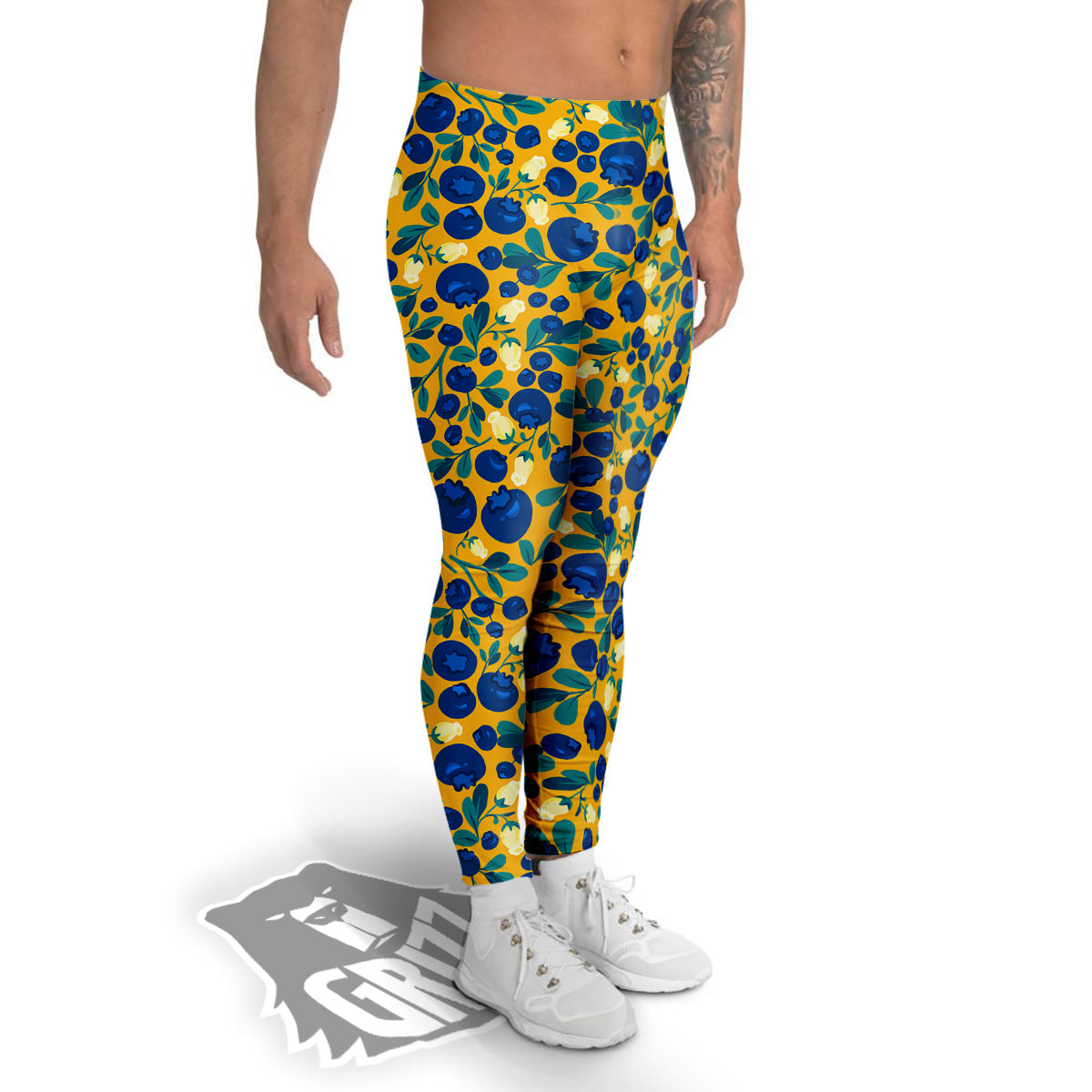 Blueberry Yellow Print Pattern Men's Leggings-grizzshop