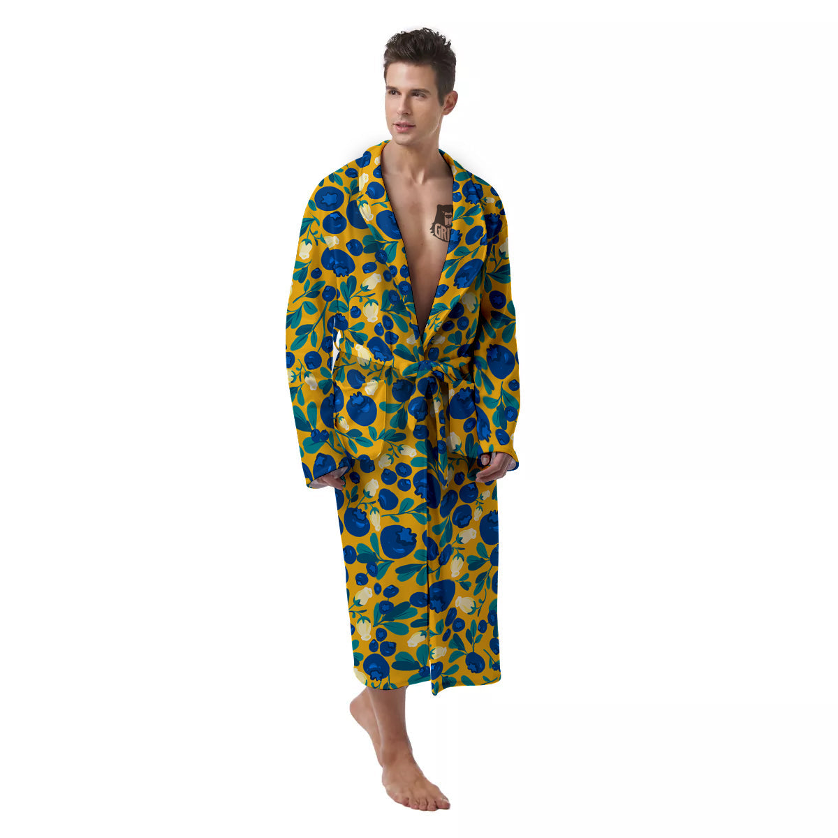 Blueberry Yellow Print Pattern Men's Robe-grizzshop