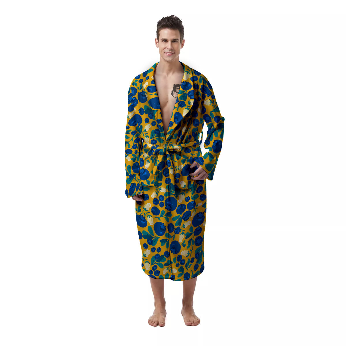 Blueberry Yellow Print Pattern Men's Robe-grizzshop