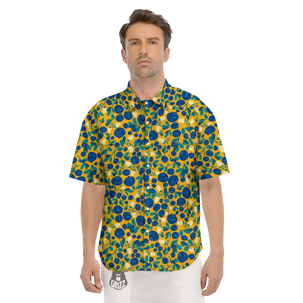 Blueberry Yellow Print Pattern Men's Short Sleeve Shirts-grizzshop