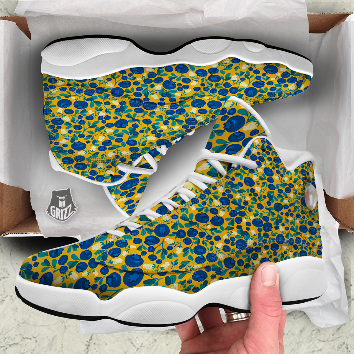 Blueberry Yellow Print Pattern White Basketball Shoes-grizzshop