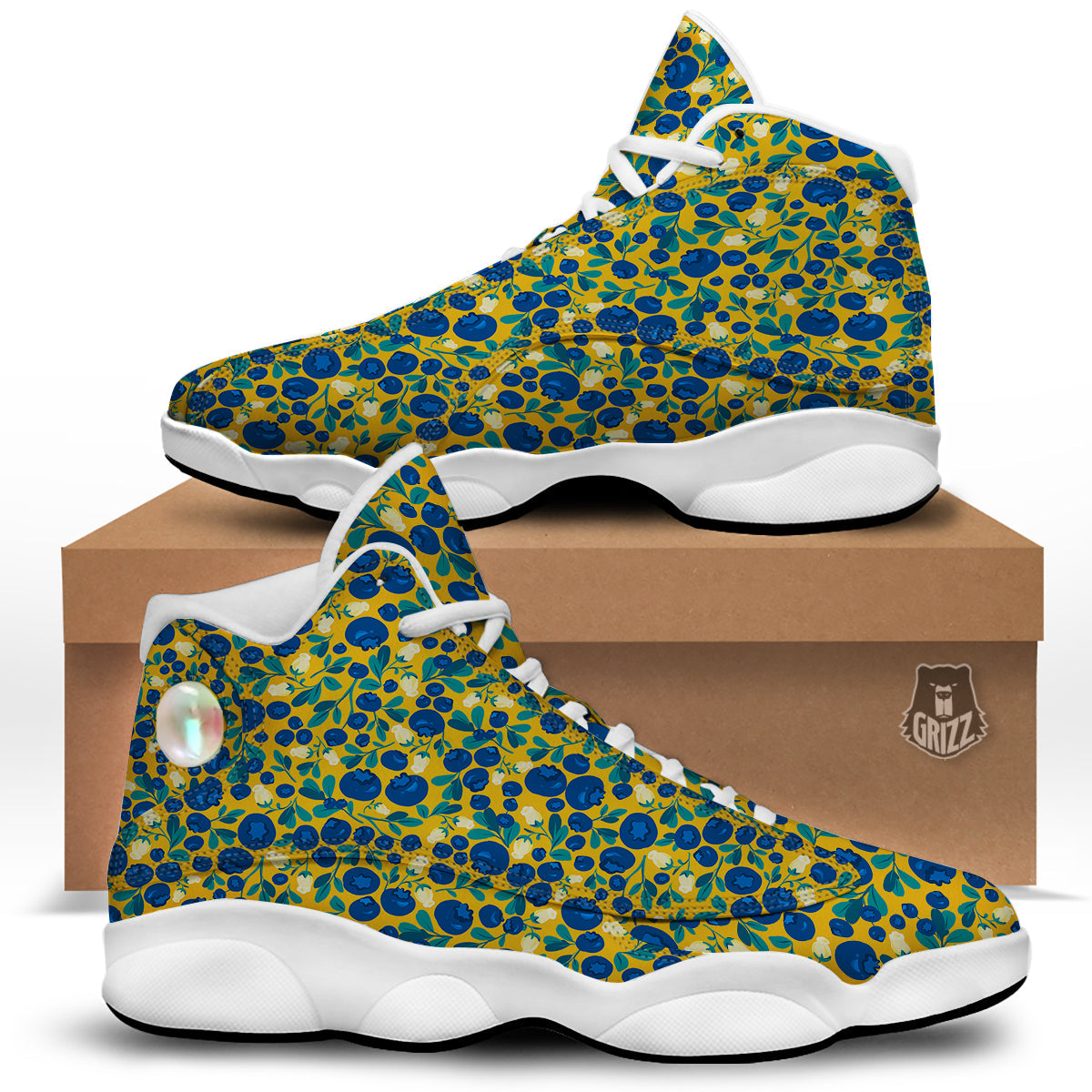 Blueberry Yellow Print Pattern White Basketball Shoes-grizzshop