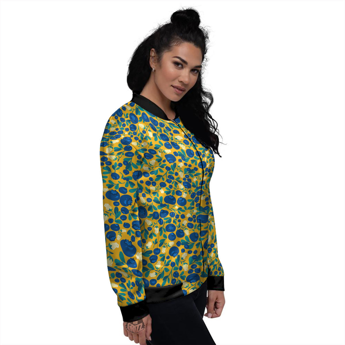 Blueberry Yellow Print Pattern Women's Bomber Jacket-grizzshop
