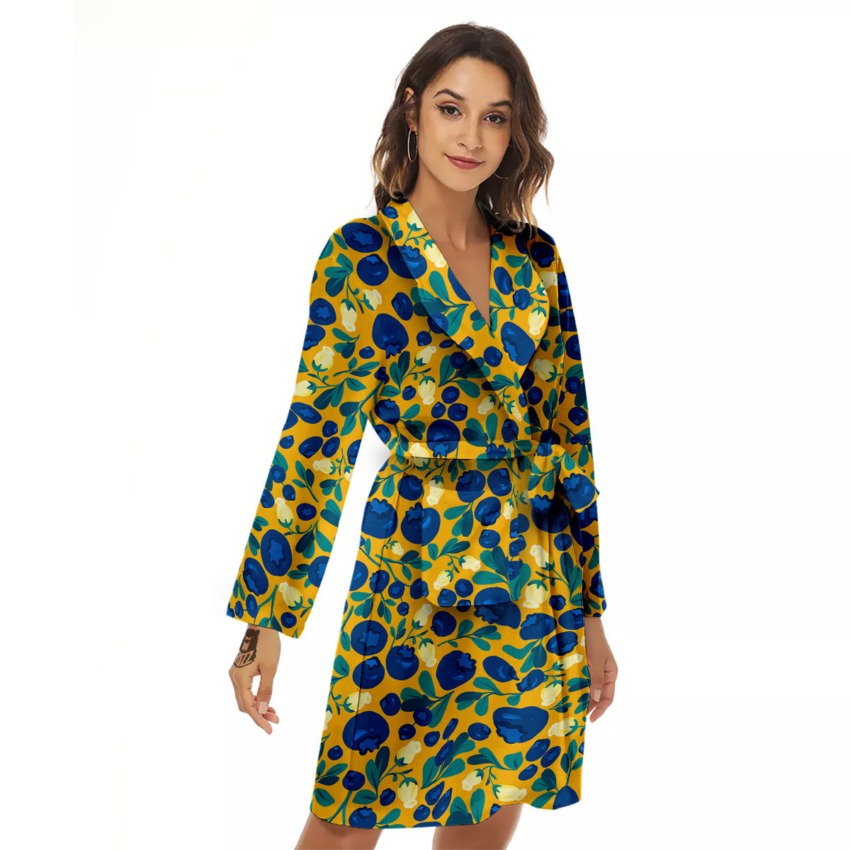 Blueberry Yellow Print Pattern Women's Robe-grizzshop