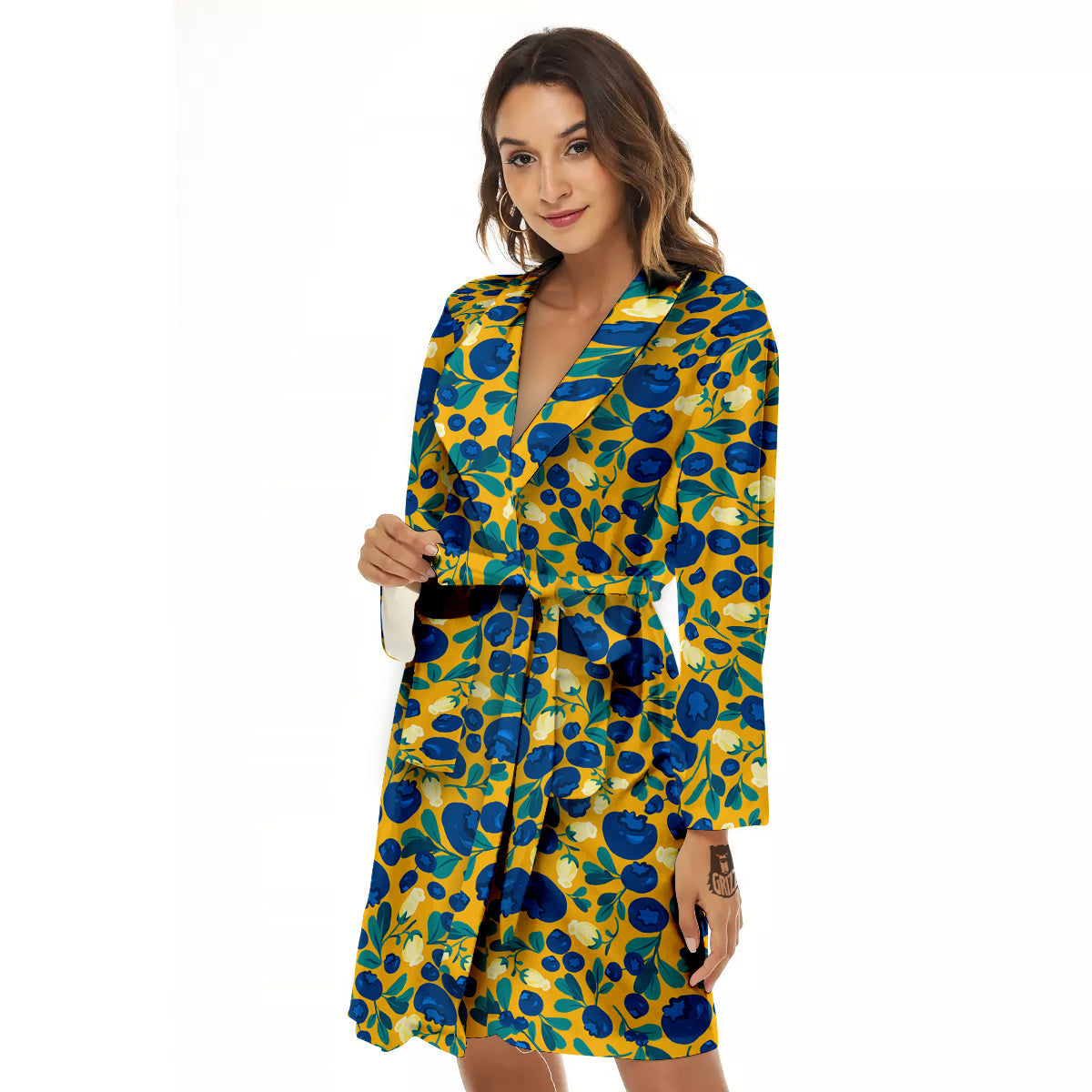 Blueberry Yellow Print Pattern Women's Robe-grizzshop