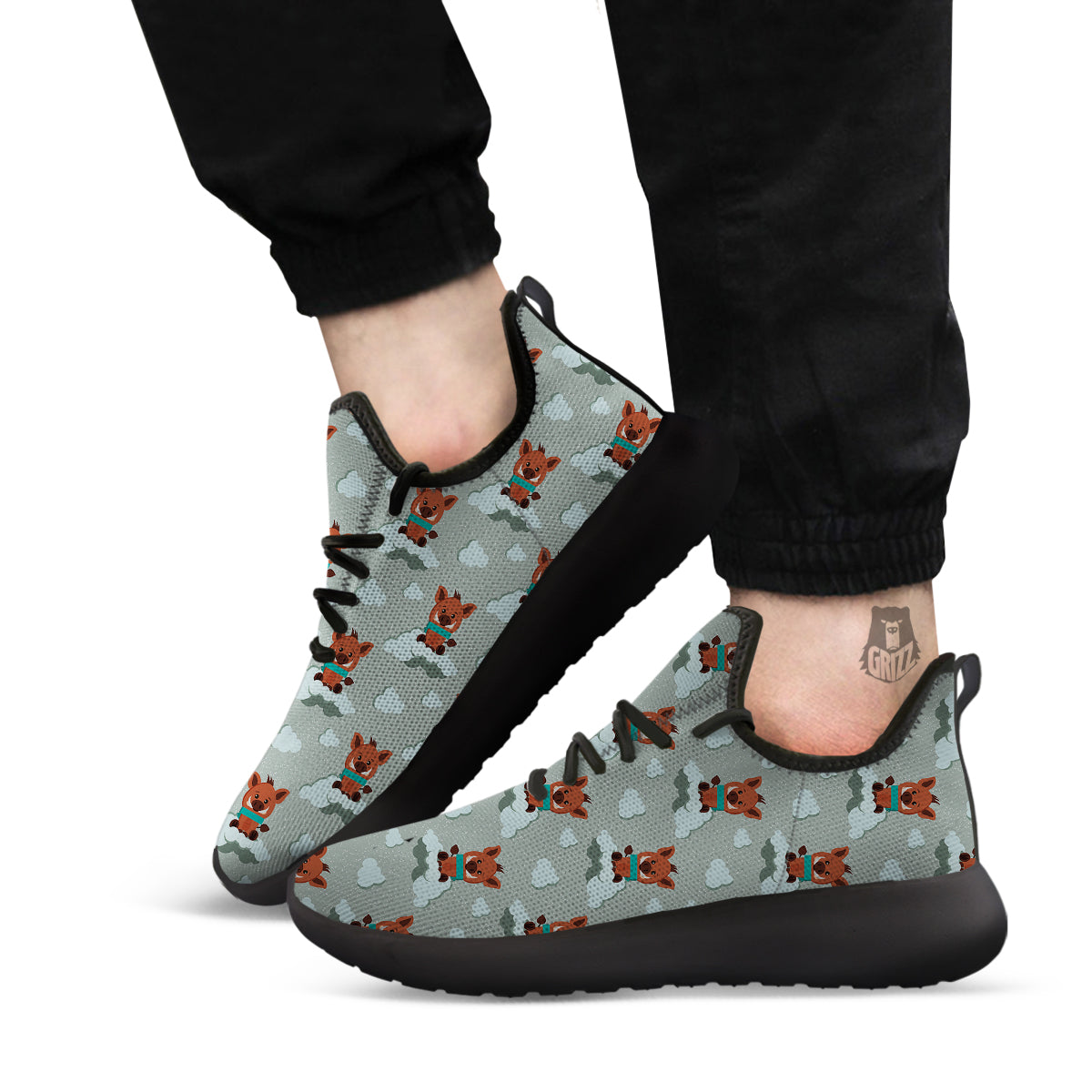 Boar And Cloud Print Pattern Black Athletic Shoes-grizzshop