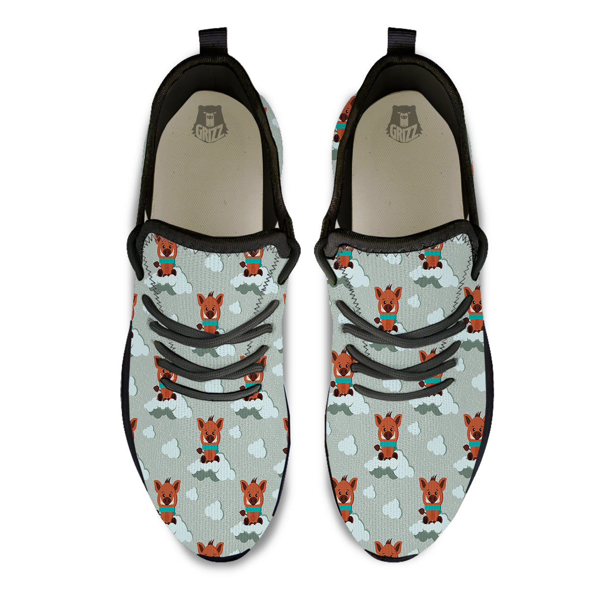 Boar And Cloud Print Pattern Black Athletic Shoes-grizzshop