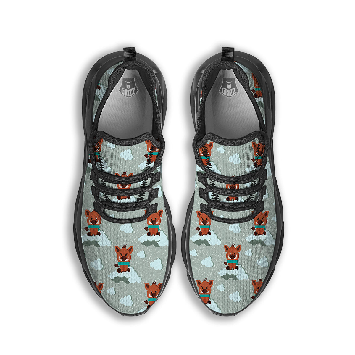 Boar And Cloud Print Pattern Black Running Shoes-grizzshop