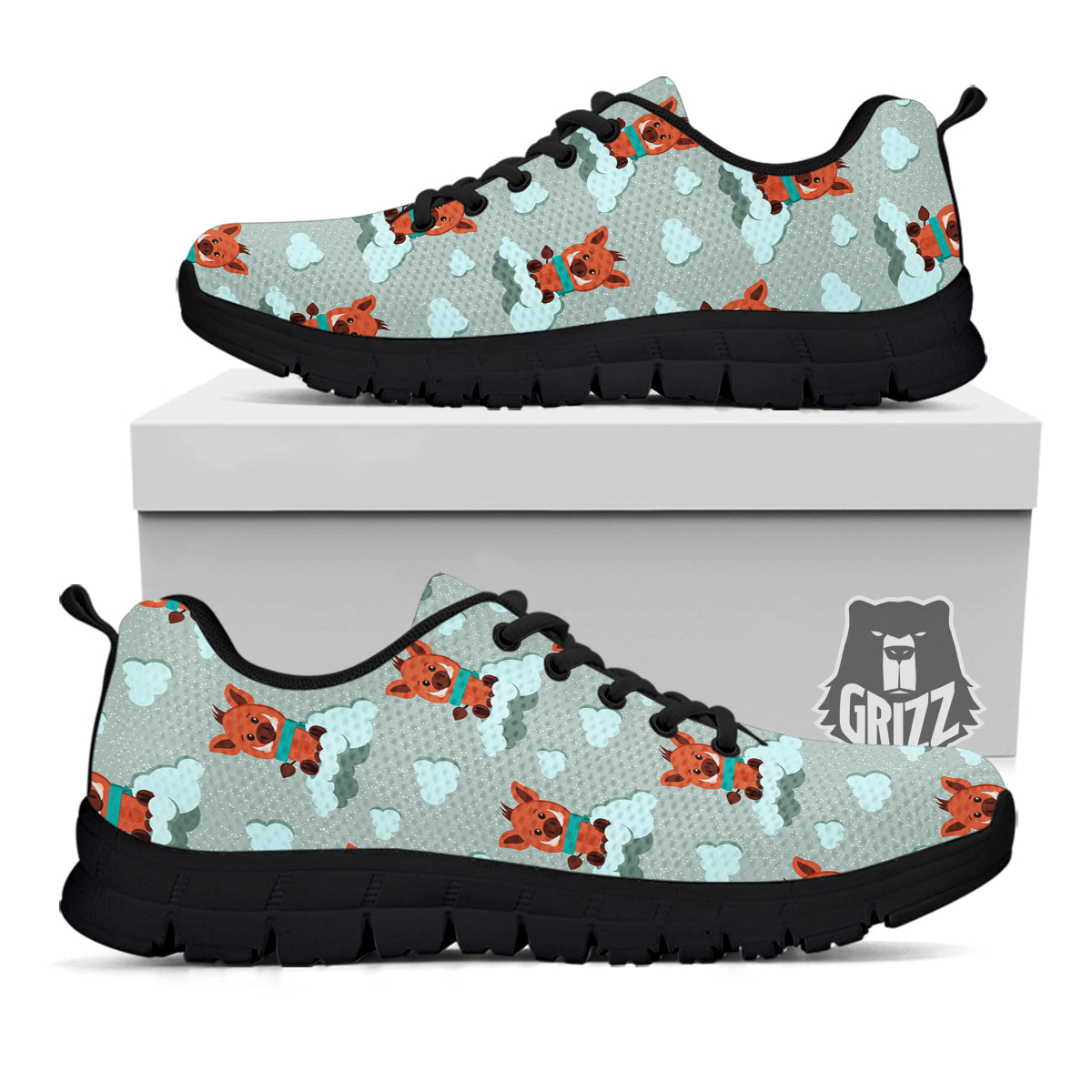 Boar And Cloud Print Pattern Black Sneaker-grizzshop