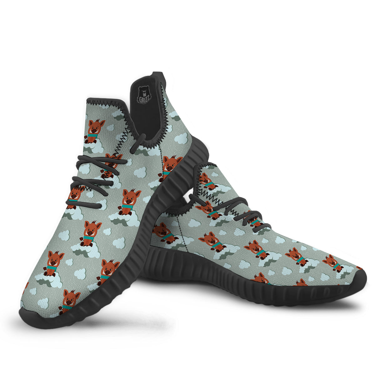 Boar And Cloud Print Pattern Black Walking Shoes-grizzshop