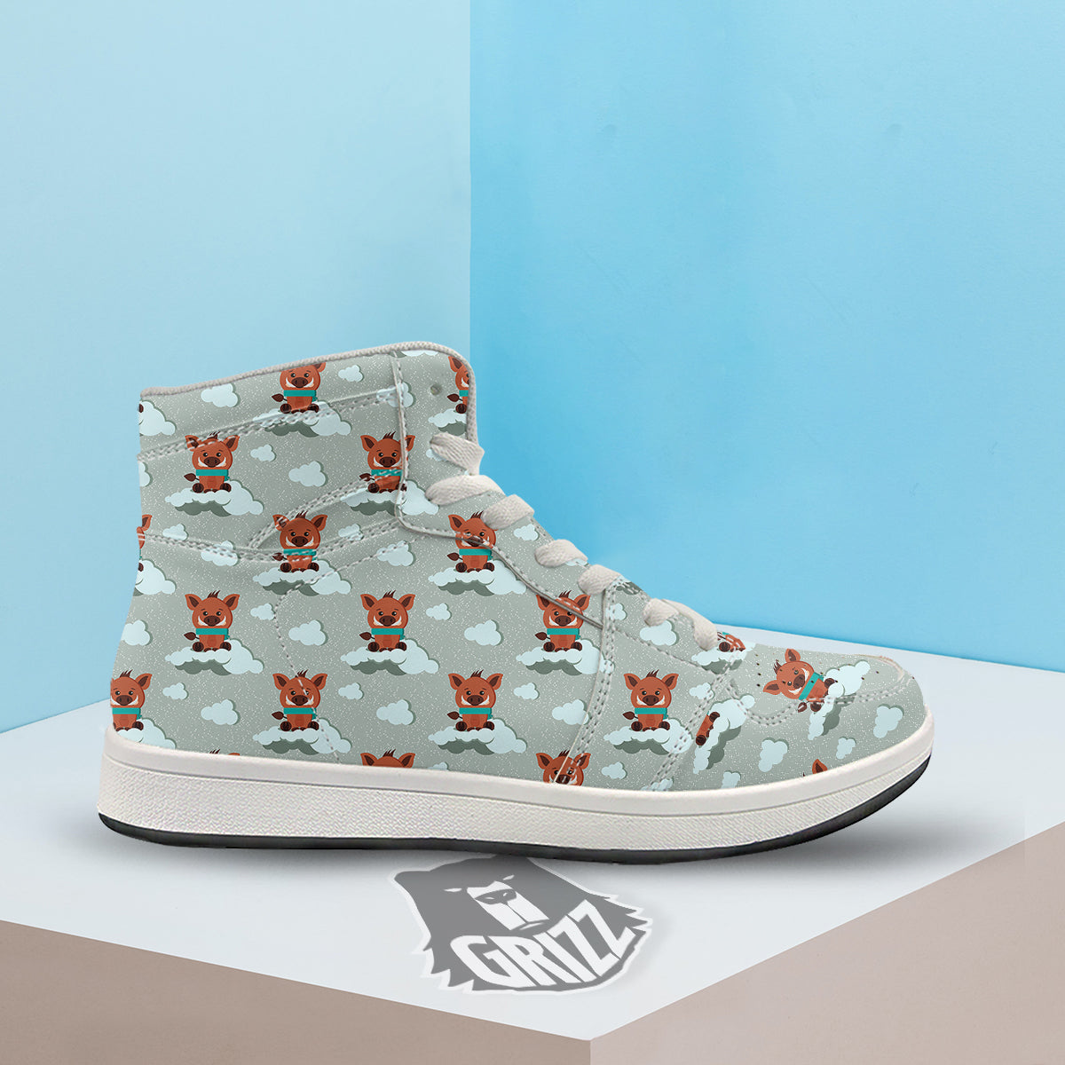 Boar And Cloud Print Pattern High Top Sneakers-grizzshop