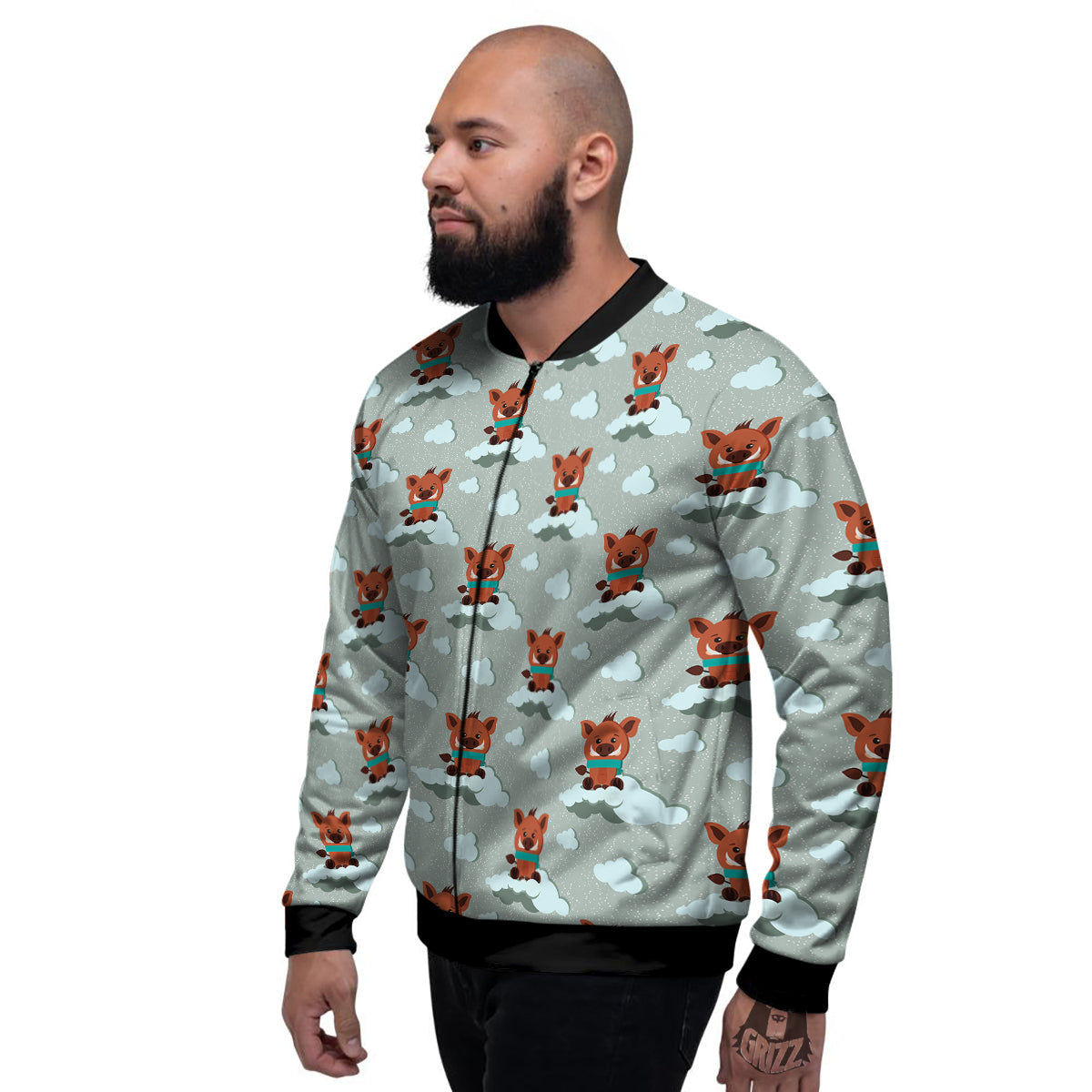 Boar And Cloud Print Pattern Men's Bomber Jacket-grizzshop