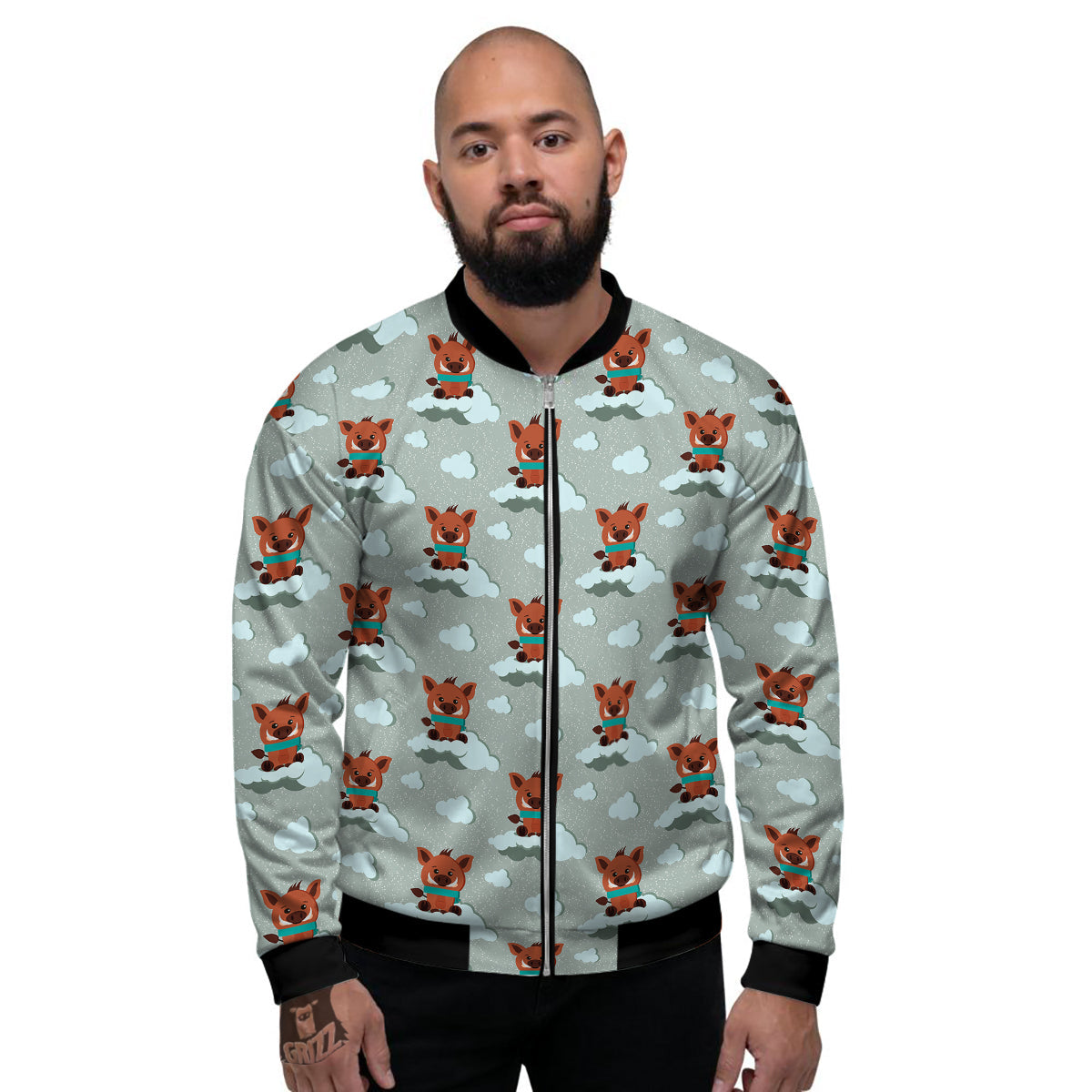 Boar And Cloud Print Pattern Men's Bomber Jacket-grizzshop
