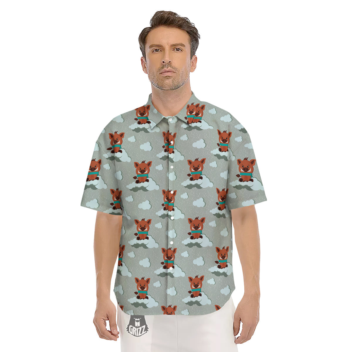 Boar And Cloud Print Pattern Men's Short Sleeve Shirts-grizzshop