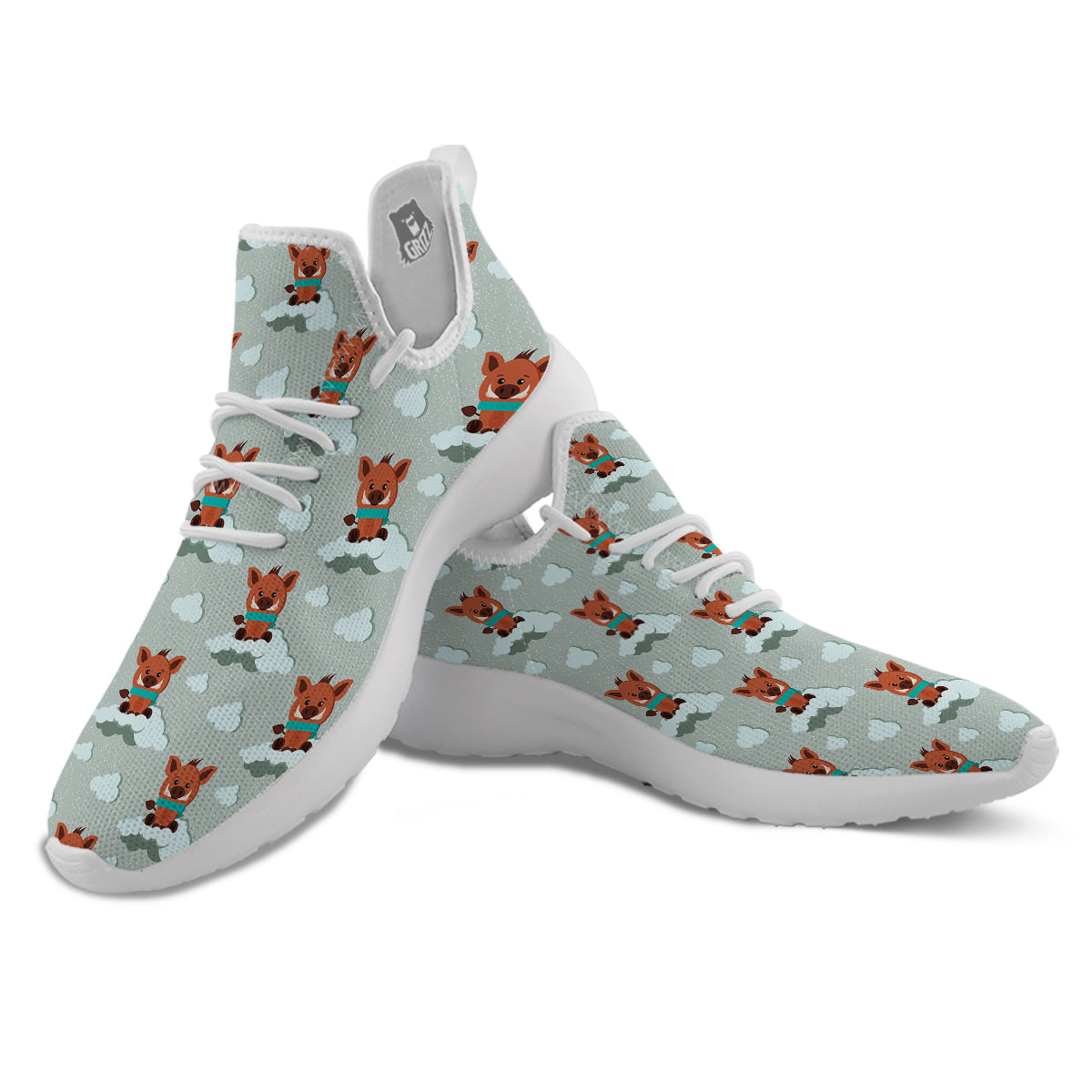 Boar And Cloud Print Pattern White Athletic Shoes-grizzshop
