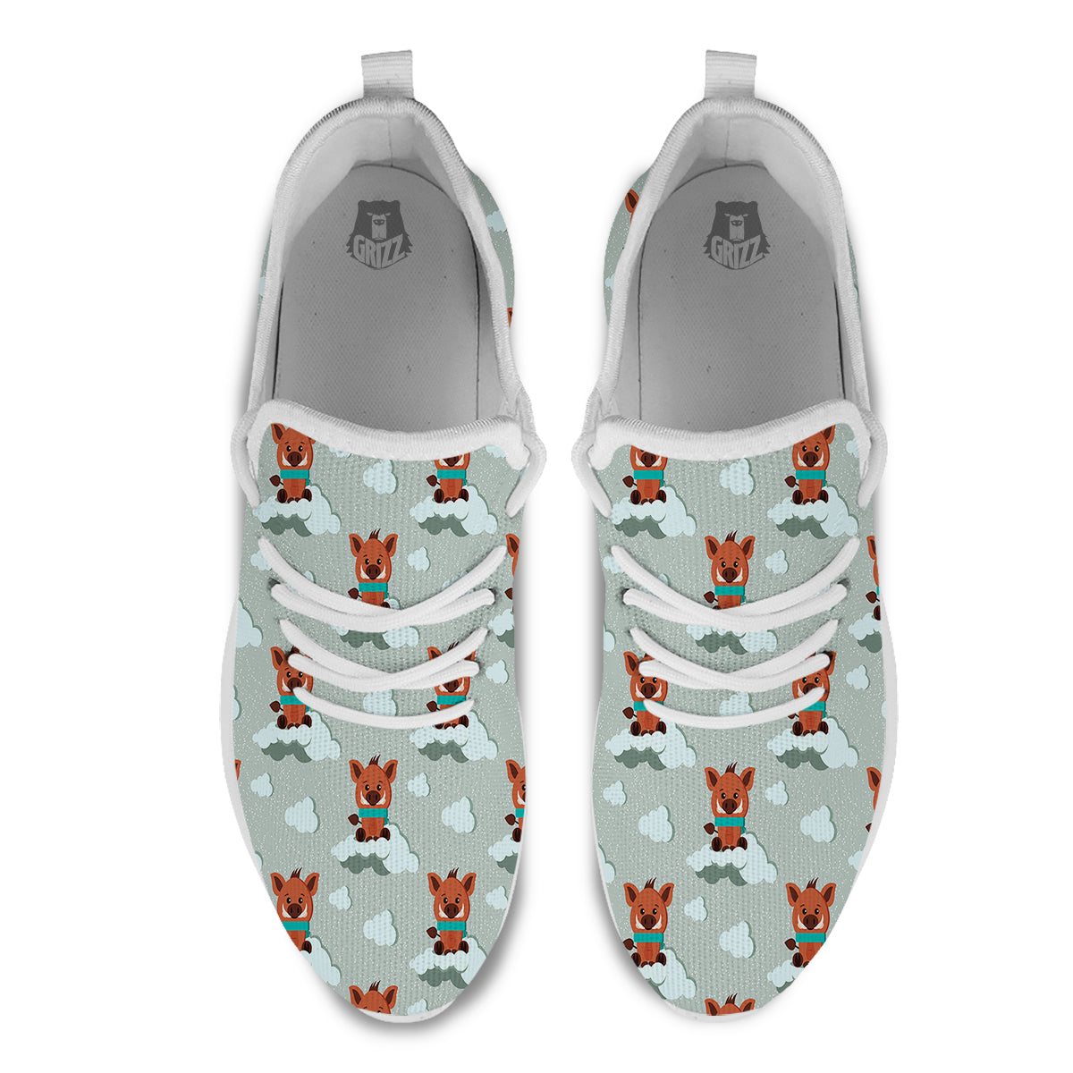 Boar And Cloud Print Pattern White Athletic Shoes-grizzshop