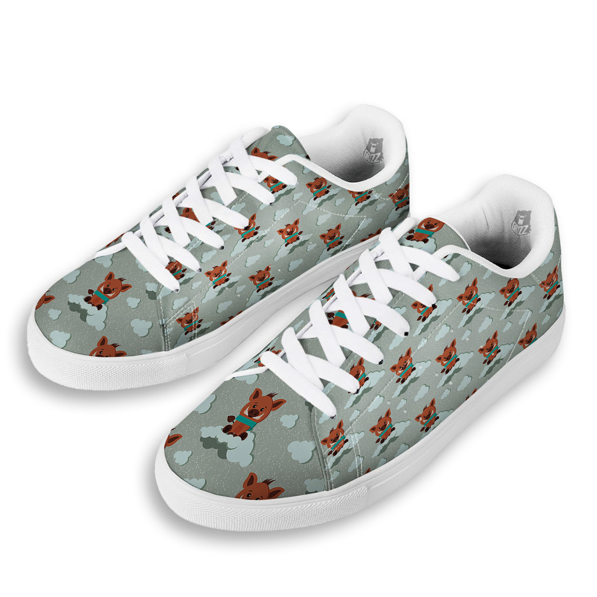 Boar And Cloud Print Pattern White Low Top Sneakers-grizzshop