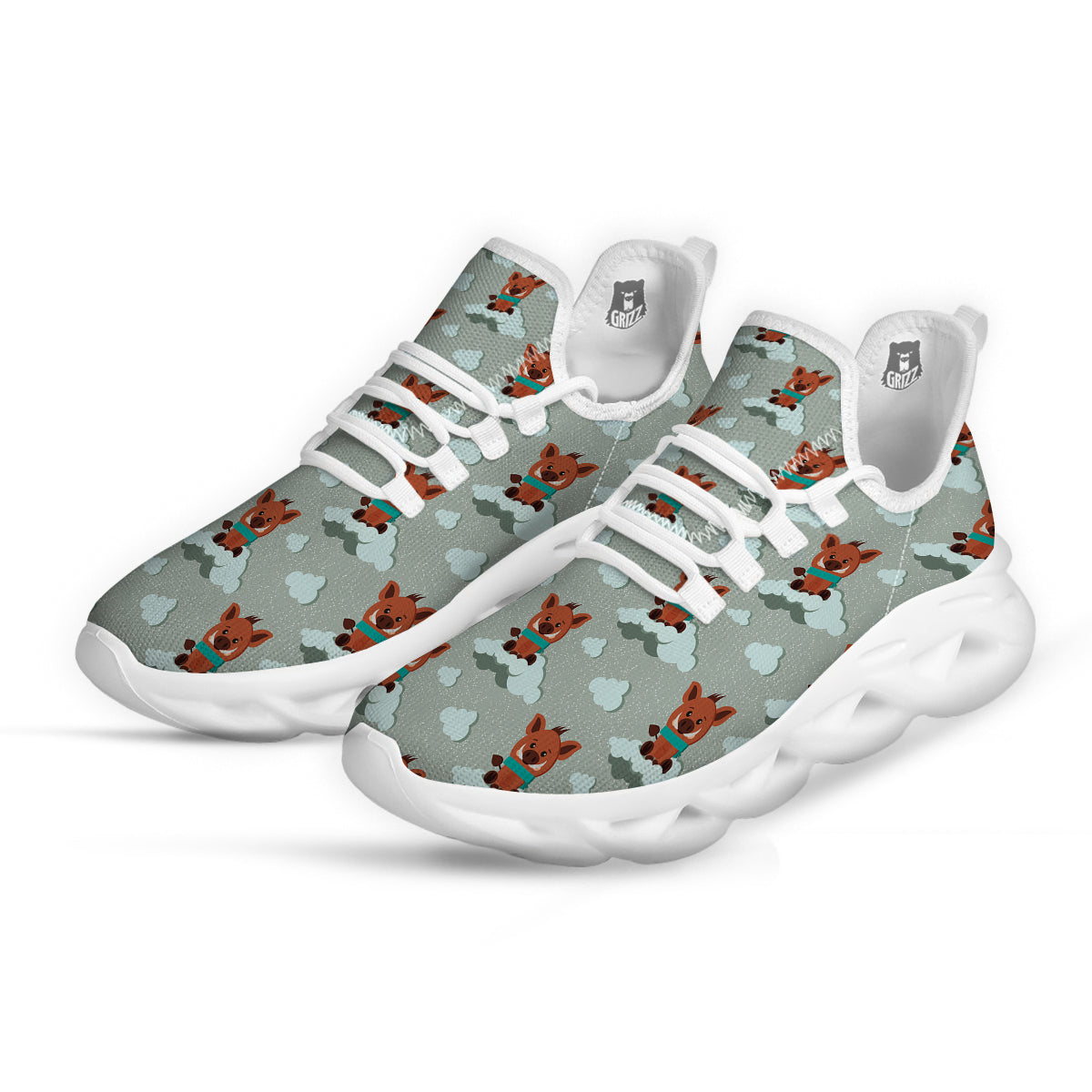 Boar And Cloud Print Pattern White Running Shoes-grizzshop