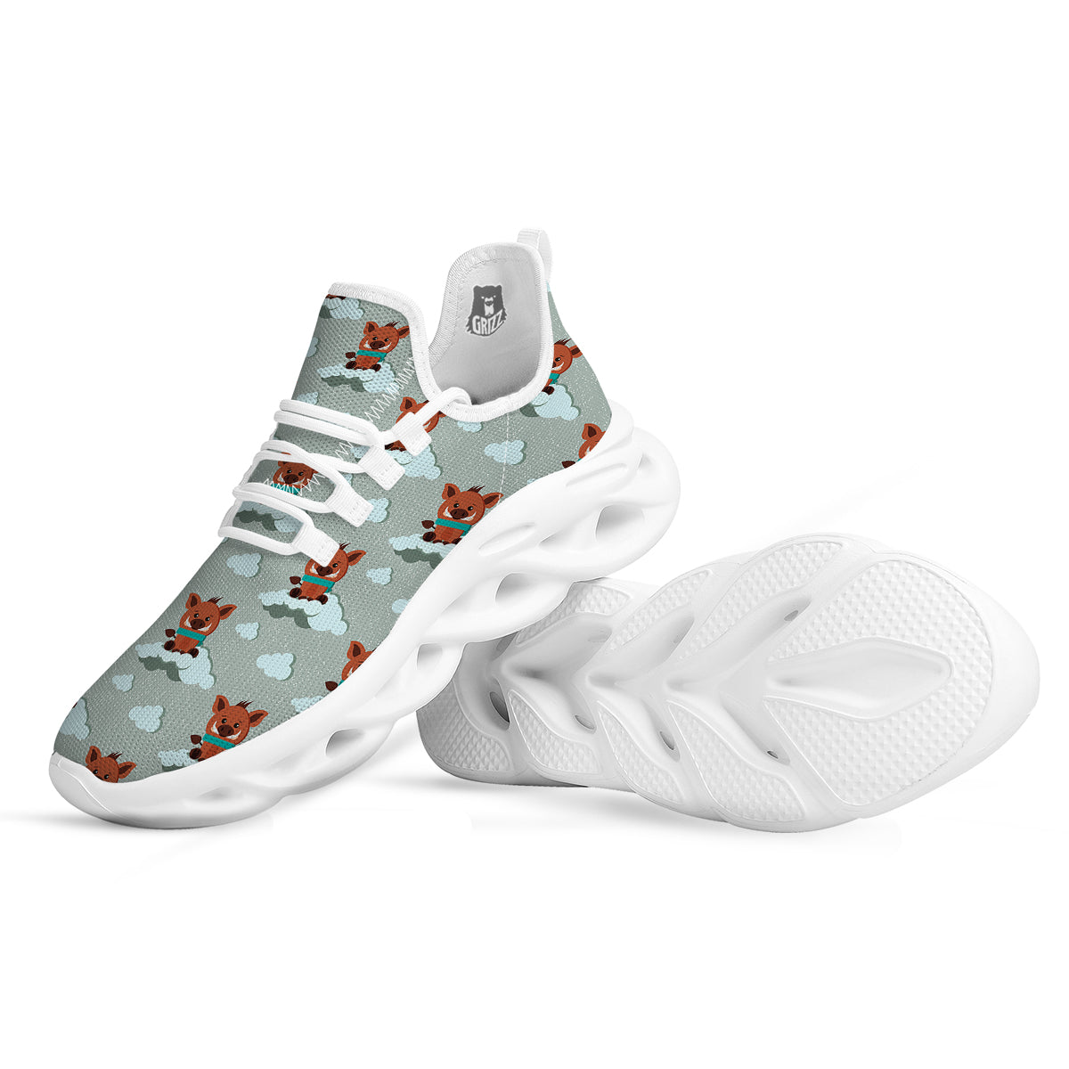 Boar And Cloud Print Pattern White Running Shoes-grizzshop