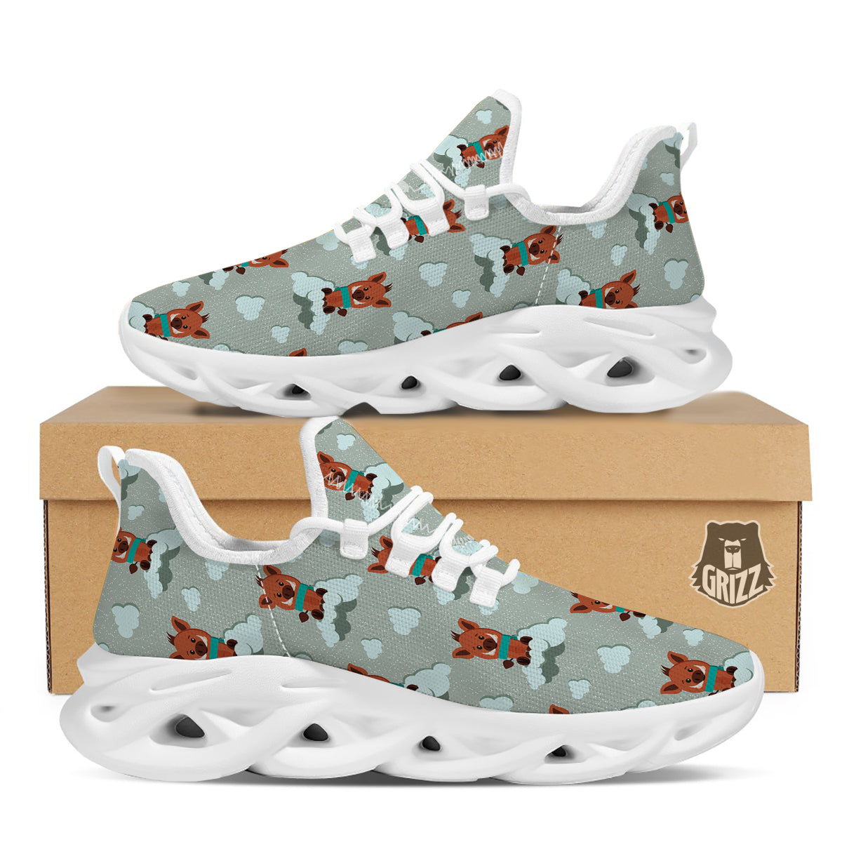 Boar And Cloud Print Pattern White Running Shoes-grizzshop