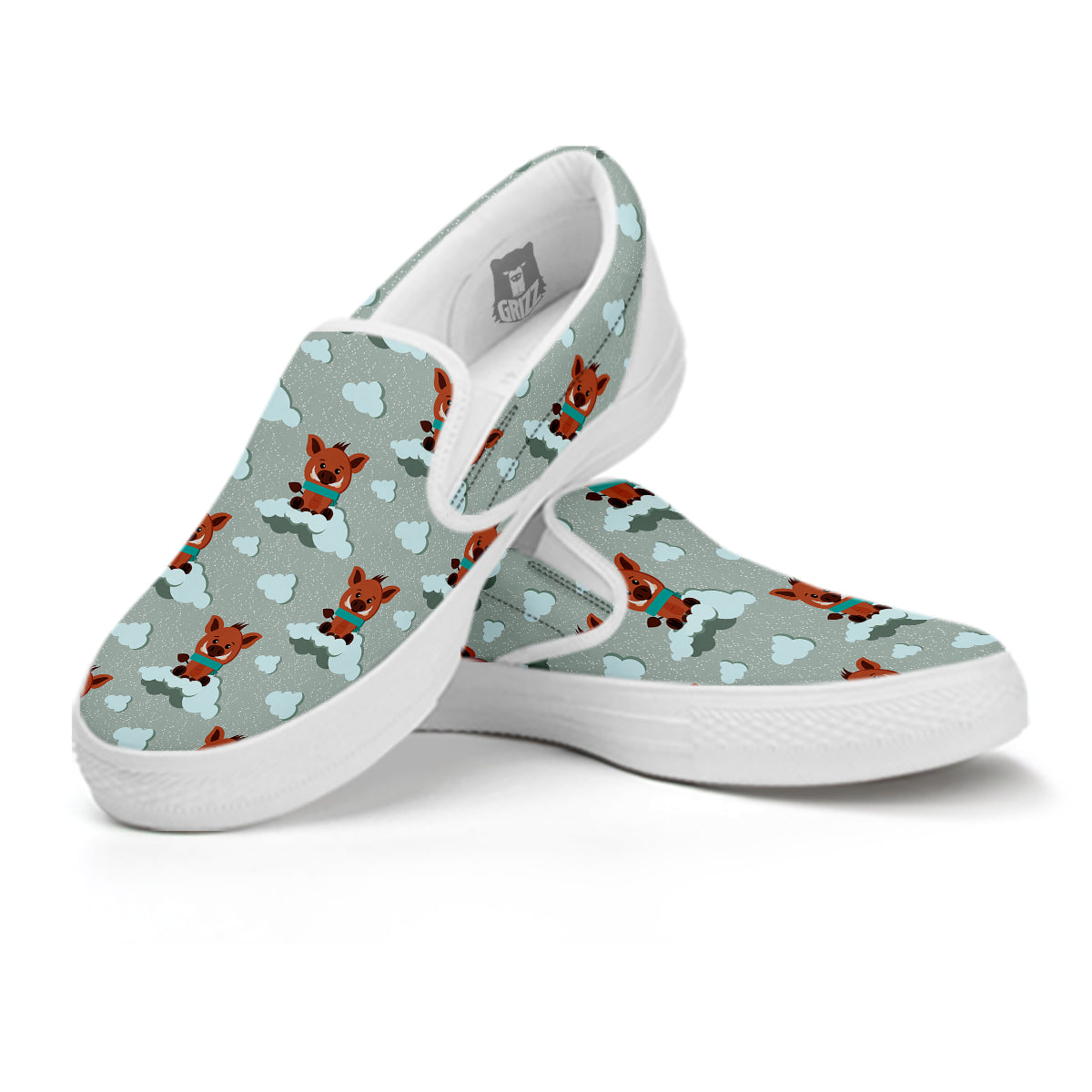 Boar And Cloud Print Pattern White Slip On Shoes-grizzshop
