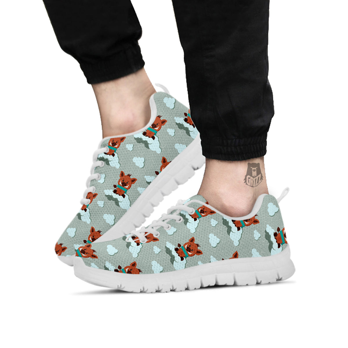 Boar And Cloud Print Pattern White Sneaker-grizzshop