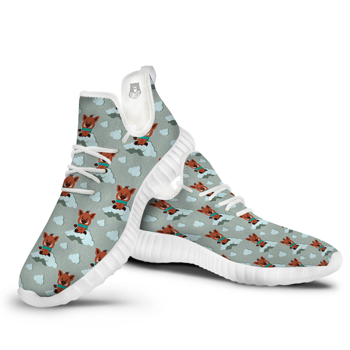 Boar And Cloud Print Pattern White Walking Shoes-grizzshop
