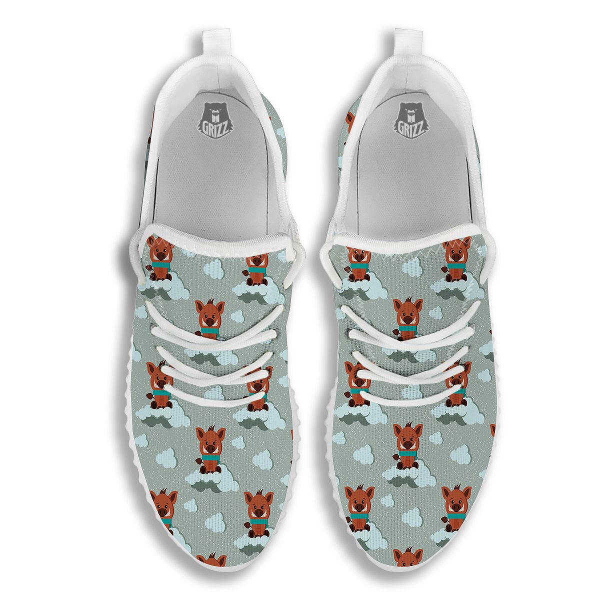 Boar And Cloud Print Pattern White Walking Shoes-grizzshop