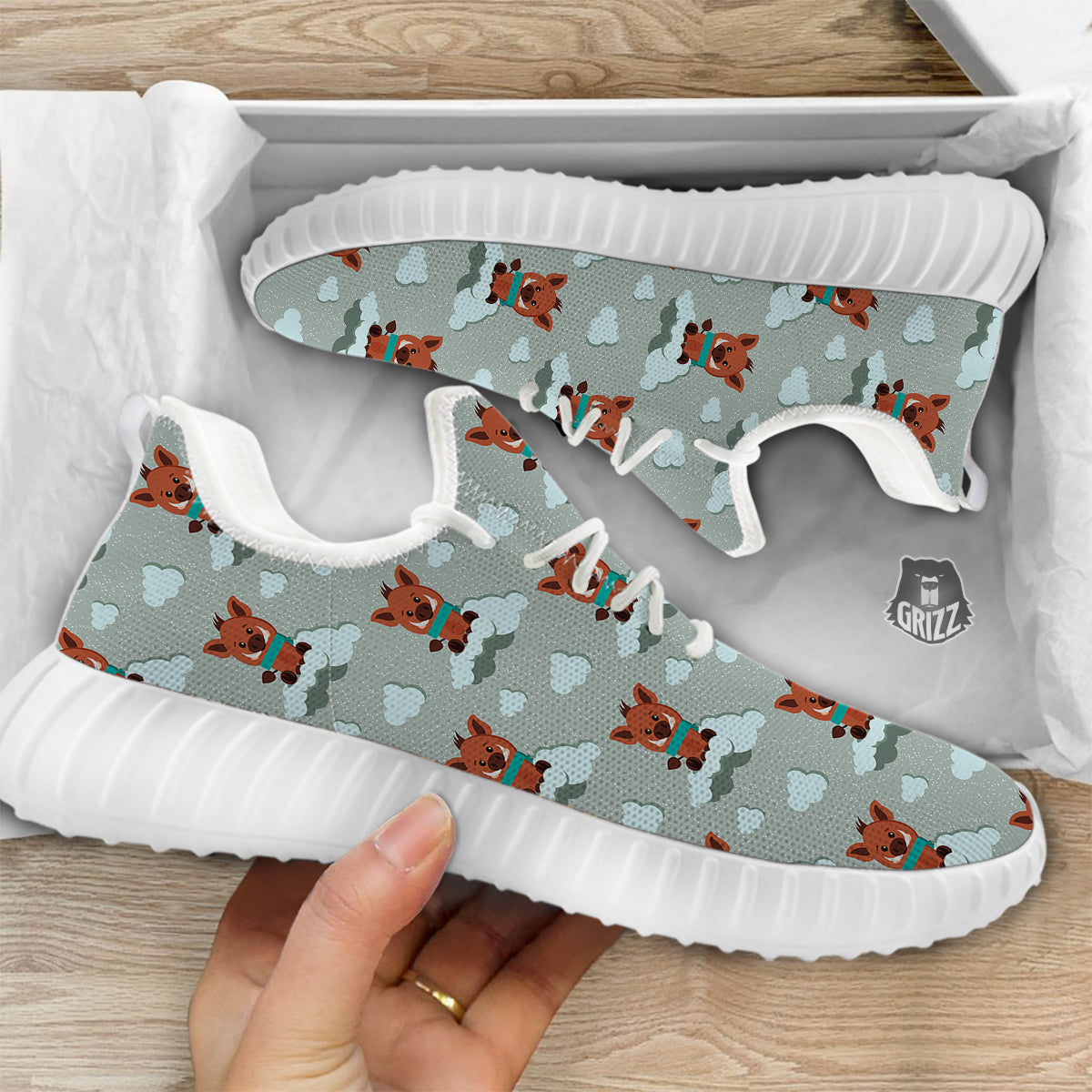 Boar And Cloud Print Pattern White Walking Shoes-grizzshop