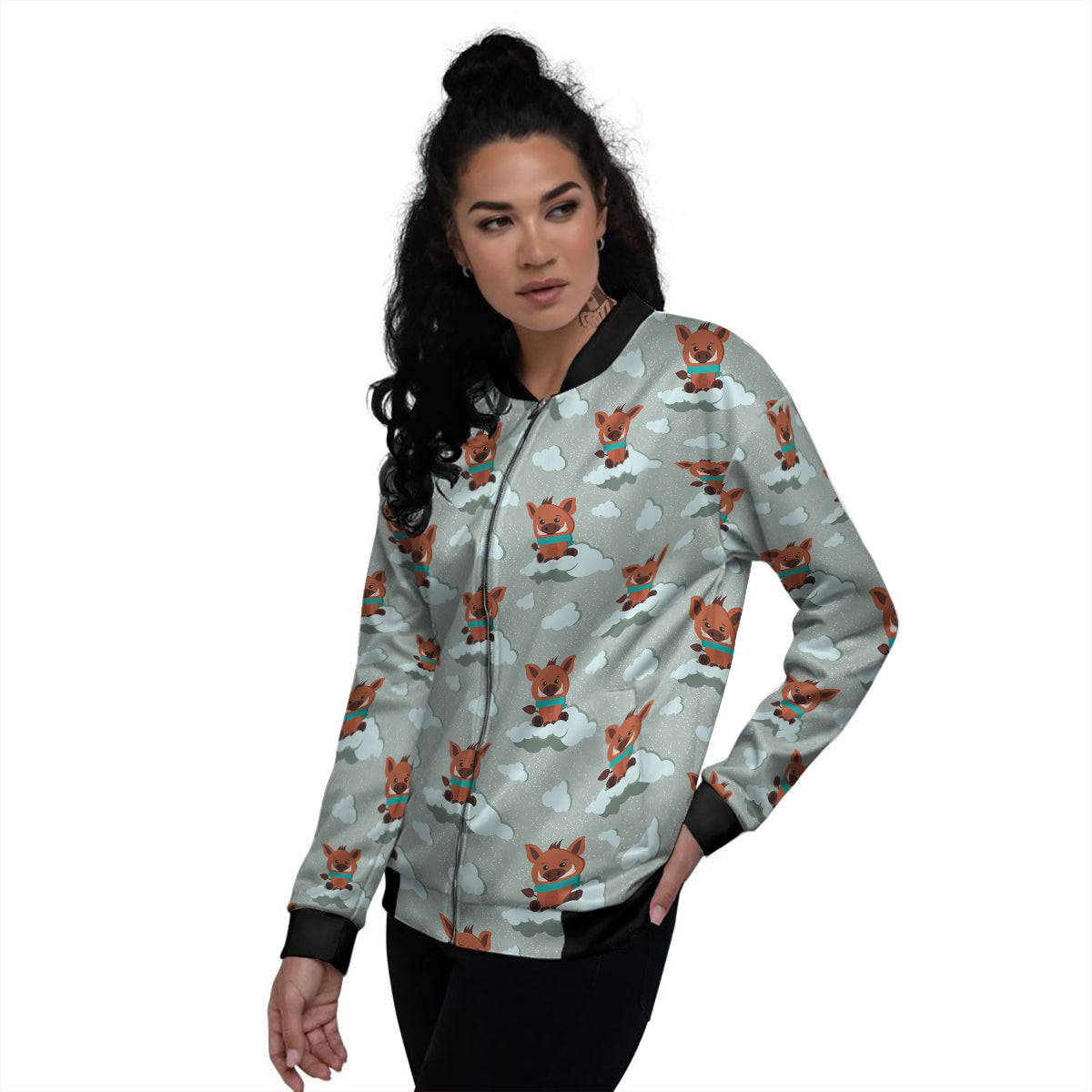 Boar And Cloud Print Pattern Women's Bomber Jacket-grizzshop