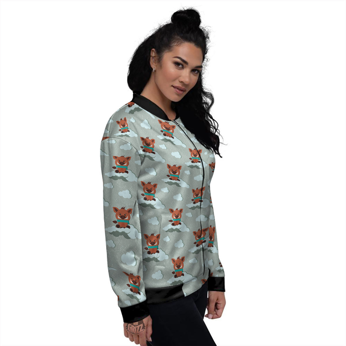 Boar And Cloud Print Pattern Women's Bomber Jacket-grizzshop