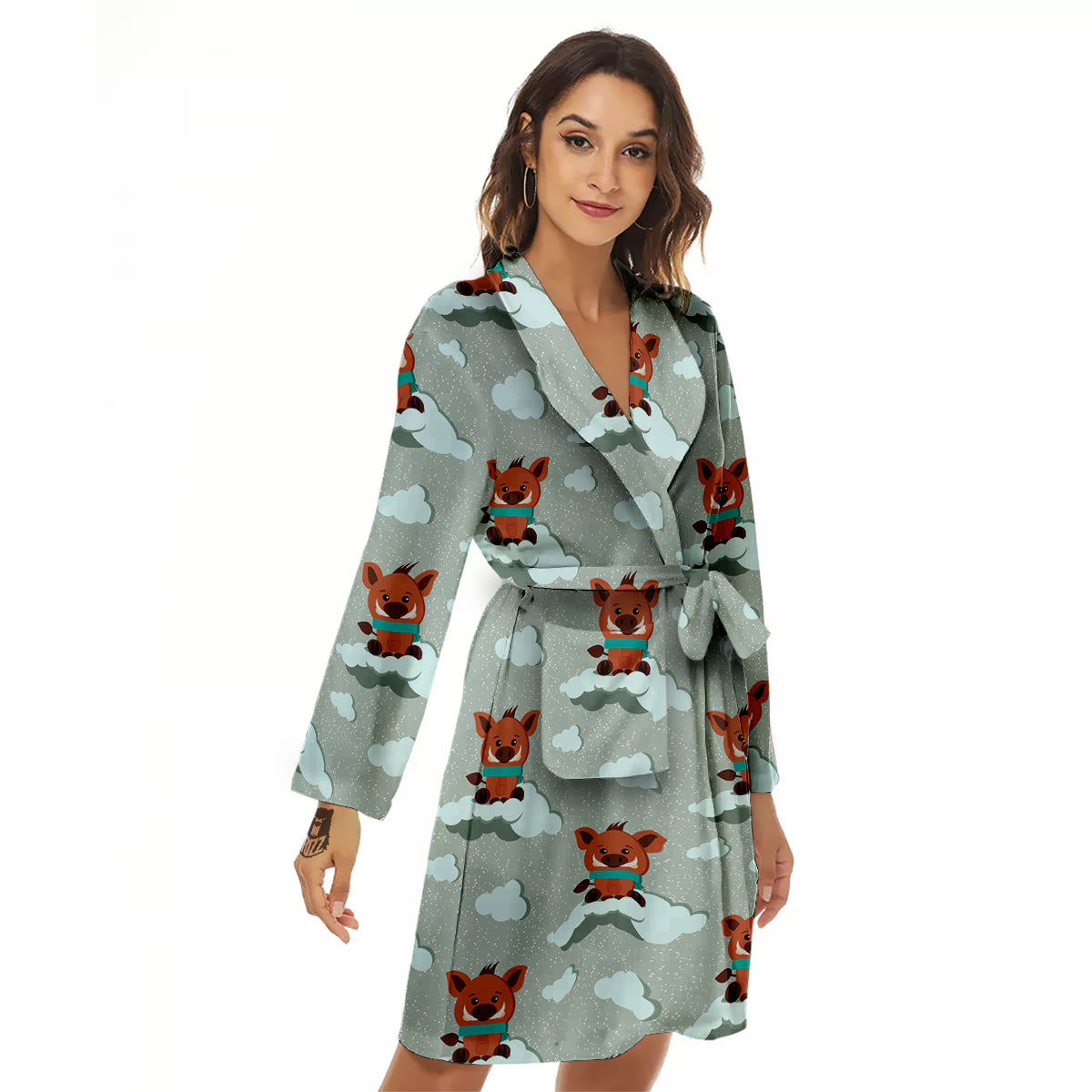 Boar And Cloud Print Pattern Women's Robe-grizzshop