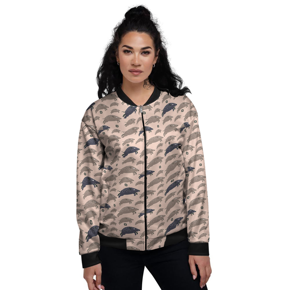 Boar Jumping Print Pattern Women's Bomber Jacket-grizzshop