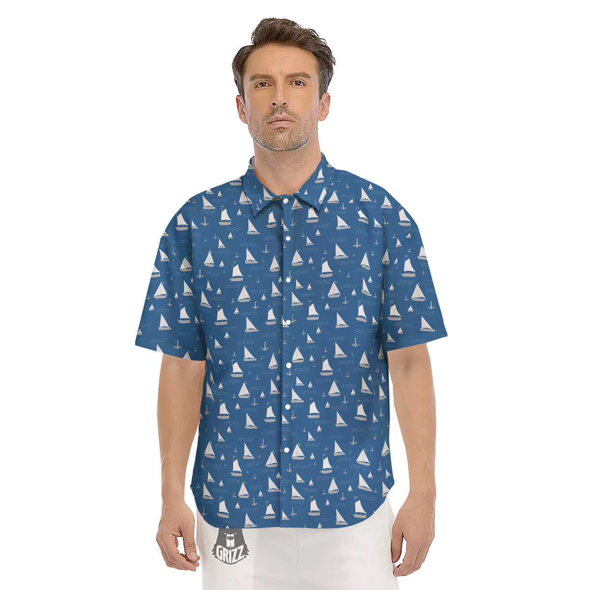 Boat Drawing Print Pattern Men's Short Sleeve Shirts-grizzshop