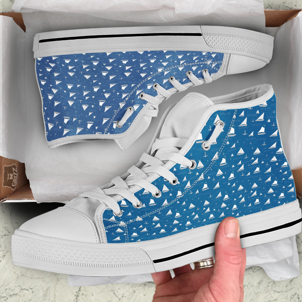 Boat Drawing Print Pattern White High Top Shoes-grizzshop