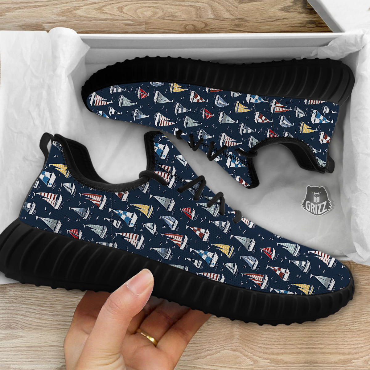 Boat On Sea Print Pattern Black Walking Shoes-grizzshop