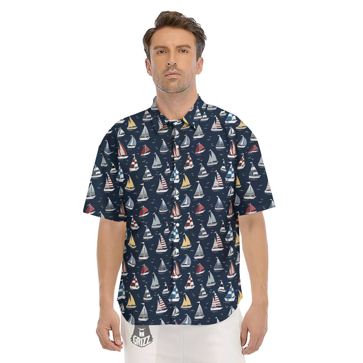 Boat On Sea Print Pattern Men's Short Sleeve Shirts-grizzshop