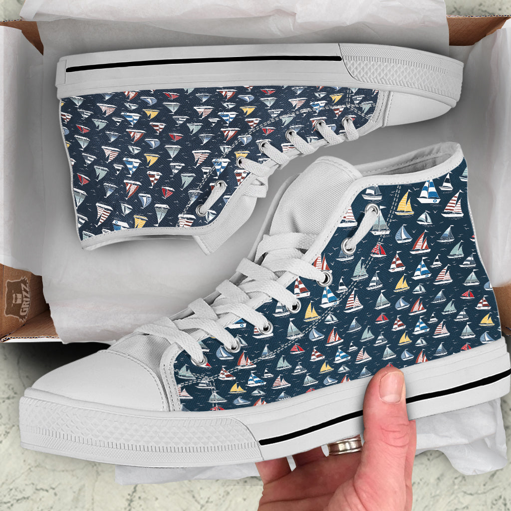 Boat On Sea Print Pattern White High Top Shoes-grizzshop