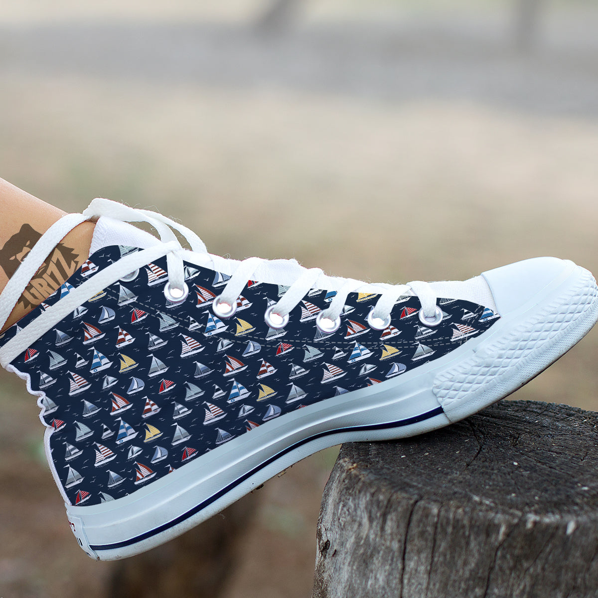 Boat On Sea Print Pattern White High Top Shoes-grizzshop