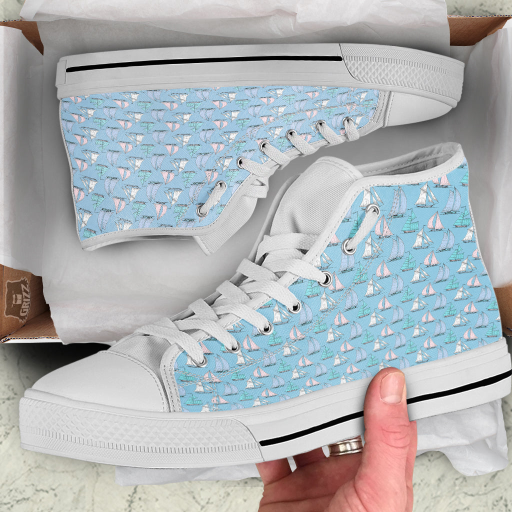 Boat Vintage Print Pattern White High Top Shoes-grizzshop