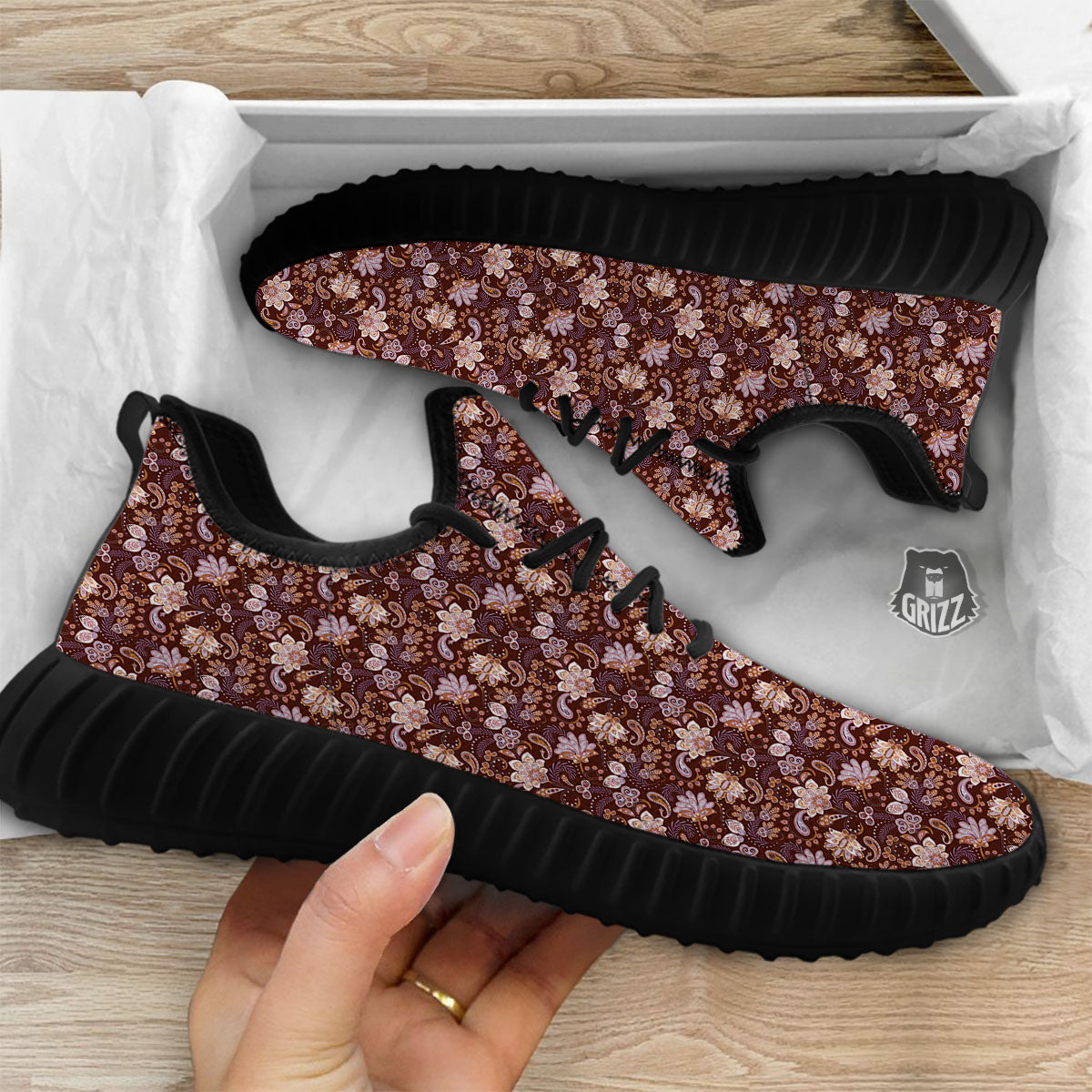 Bohemian Brown Floral Print Pattern Black Walking Shoes-grizzshop
