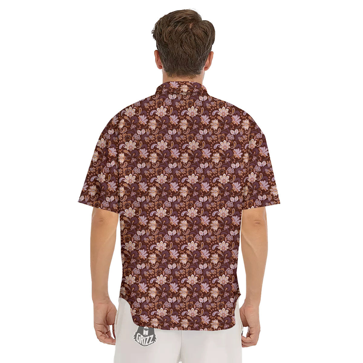 Bohemian Brown Floral Print Pattern Men's Short Sleeve Shirts-grizzshop