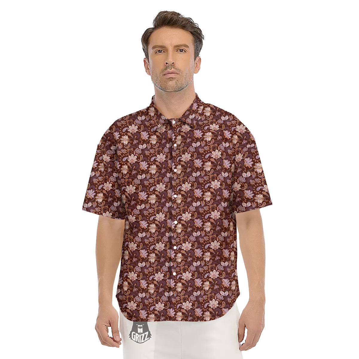 Bohemian Brown Floral Print Pattern Men's Short Sleeve Shirts-grizzshop