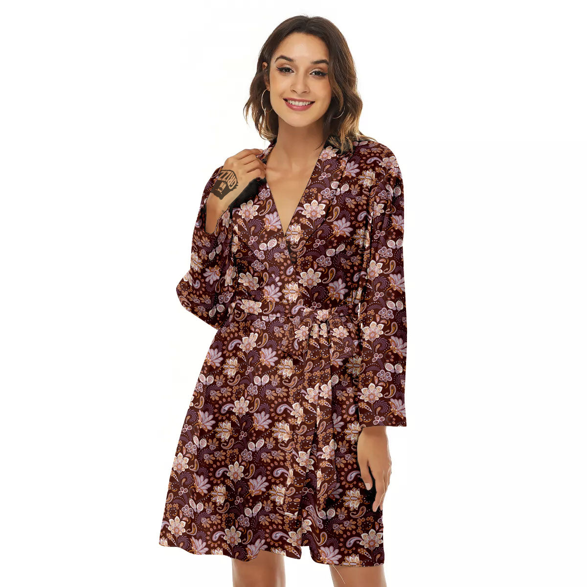 Bohemian Brown Floral Print Pattern Women's Robe-grizzshop
