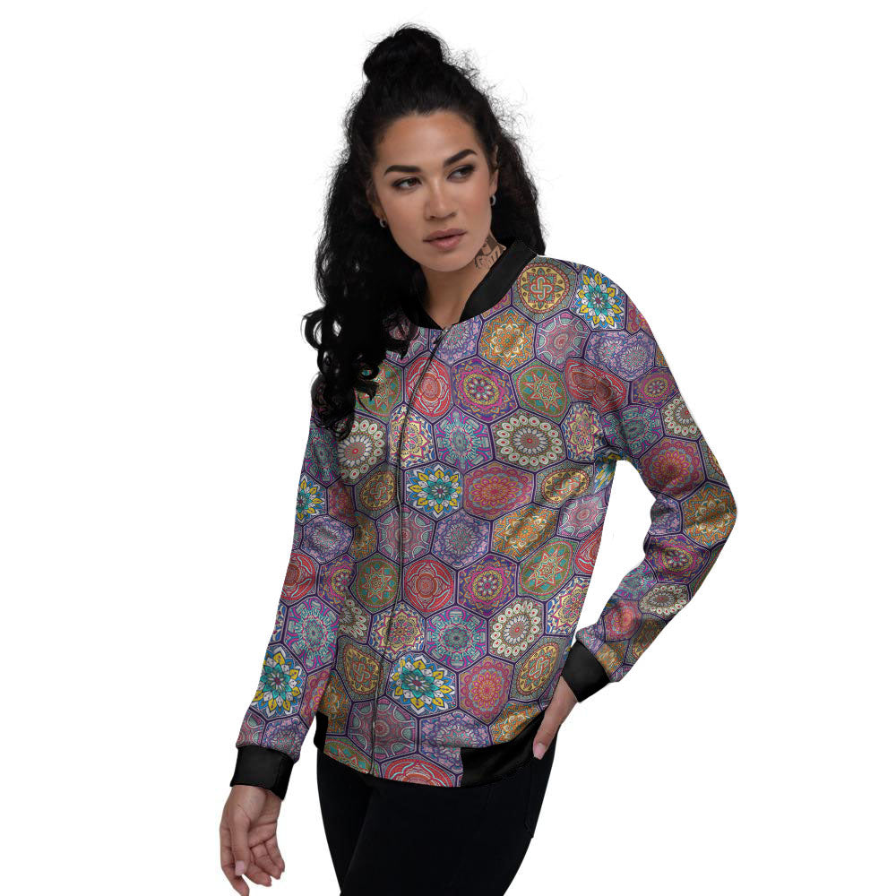 Bohemian Ethnic Mandala Print Pattern Women's Bomber Jacket-grizzshop